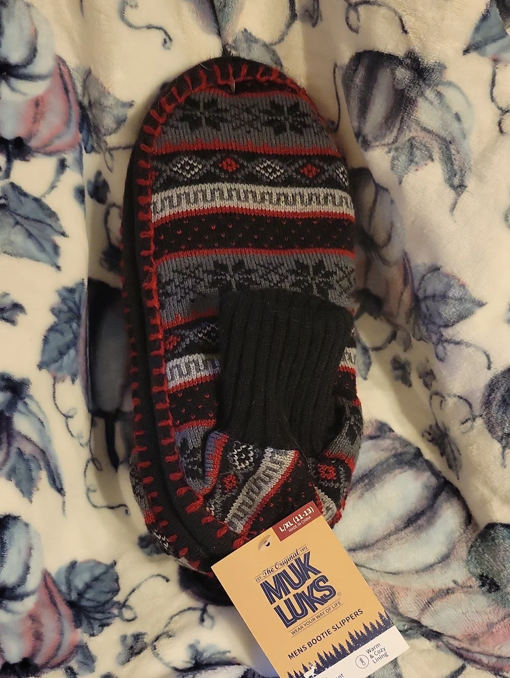 Muk Luks Men's Red, Black & Gray Knit Bootie Slippers L/xl 11-13